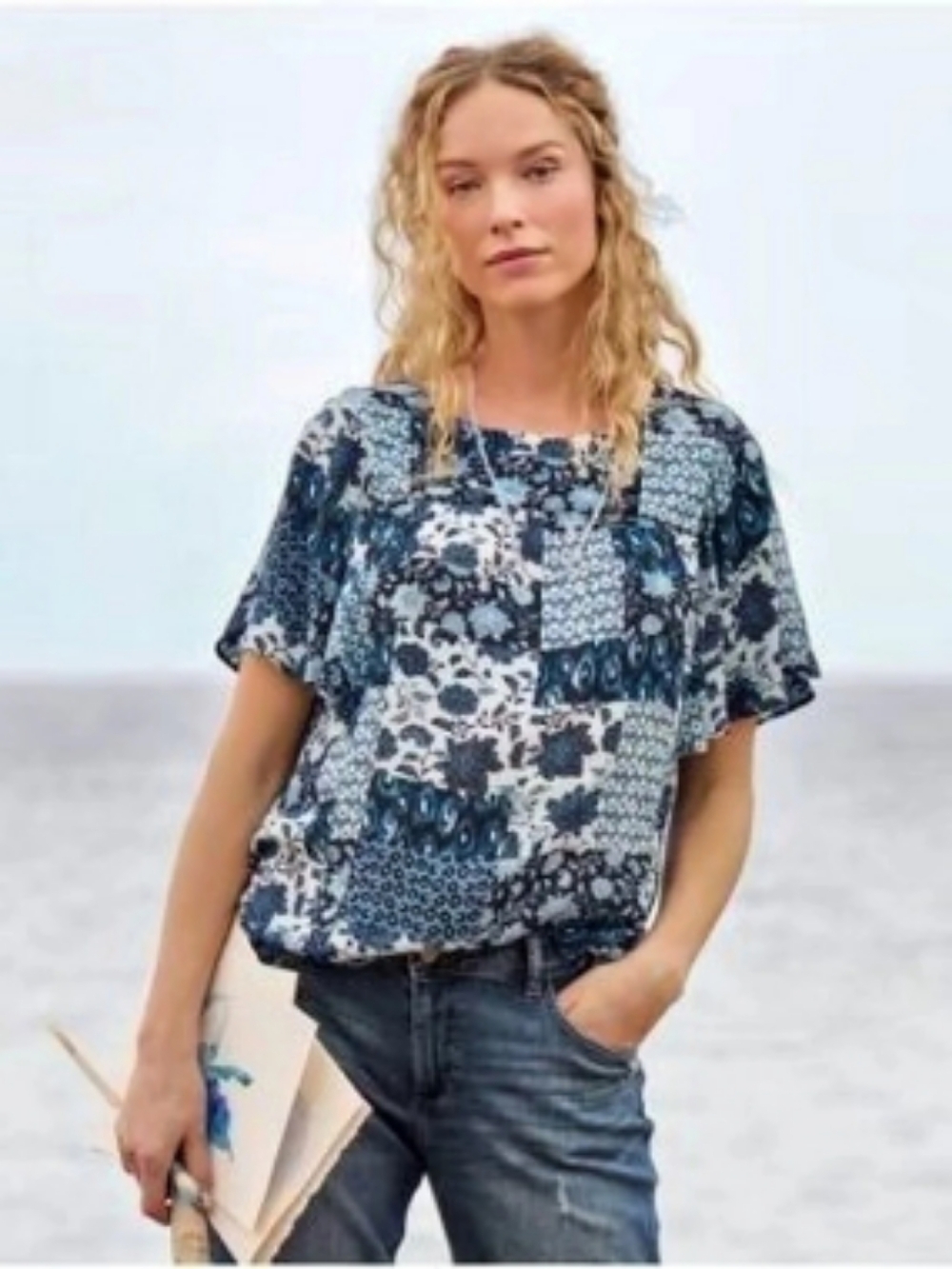Garnet Hill Printed Blouse Blue & White Size XS Like New